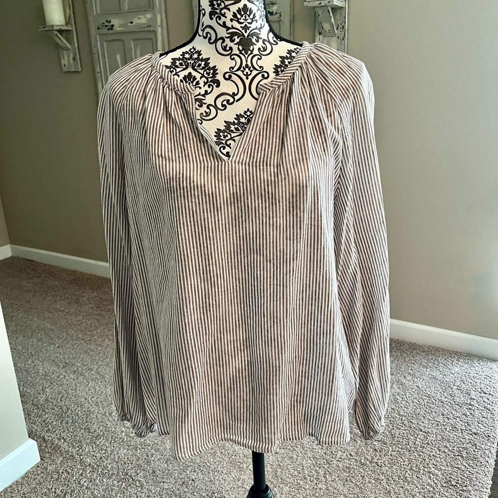 Banana Republic Gray/Taupe and White Striped Blouse